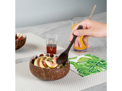 Bol à Salade Açaï Ensemble Artisanat Fait à la Main Noix de Coco Singe Mosaïque Demi-Coques