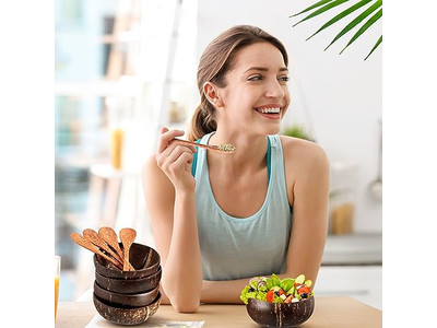 Bol à Salade de Fruits Gâteau Poudre Roche Ensemble de Cuisine en Bois Bambou Masque Écorce de Noix de Coco